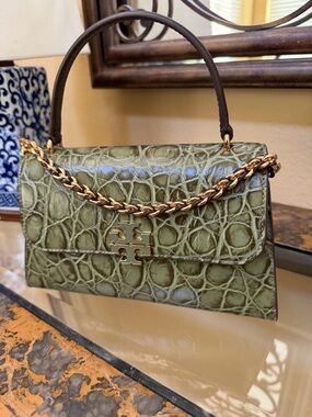 Tory Burch Olive Croc-Embossed Leather Top-Handle Satchel with Gold Chain